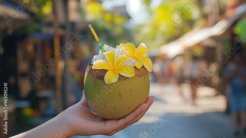 Tasty coconut drink with straw in hand in hot tropical summer