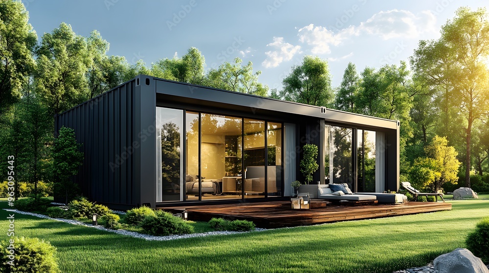 Modern container home, green lawn, sunlit garden, wooden deck, glass sliding doors, black exterior, trees in background, blue sky, natural lighting, outdoor living space. Modern container home, green lawn, sunlit garden, wooden deck, glass sliding doors, black exterior, trees in background, blue sky, natural lighting, outdoor living space.