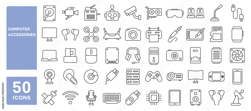 Set of 50 line icons related to computer accessories, mouse, keyboard, flash drive, usb, cable, headphones, mic, camera, pc, cpu, gpu, ssd, appliances, printer, Editable stroke. Vector illustration Set of 50 line icons related to computer accessories, mouse, keyboard, flash drive, usb, cable, headphones, mic, camera, pc, cpu, gpu, ssd, appliances, printer, Editable stroke. Vector illustration