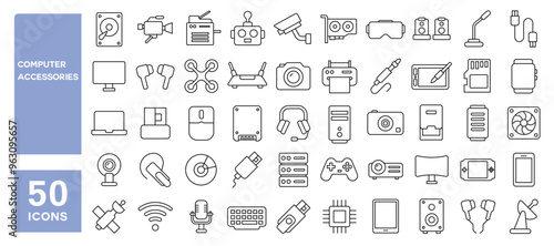 Set of 50 line icons related to computer accessories, mouse, keyboard, flash drive, usb, cable, headphones, mic, camera, pc, cpu, gpu, ssd, appliances, printer, Editable stroke. Vector illustration