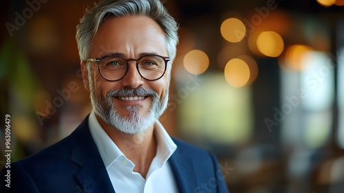 Professional middle-aged man, white dress shirt, navy blue blazer, glasses, gray hair and beard, warm smile, confident expression, office or cafe setting, blurred background.