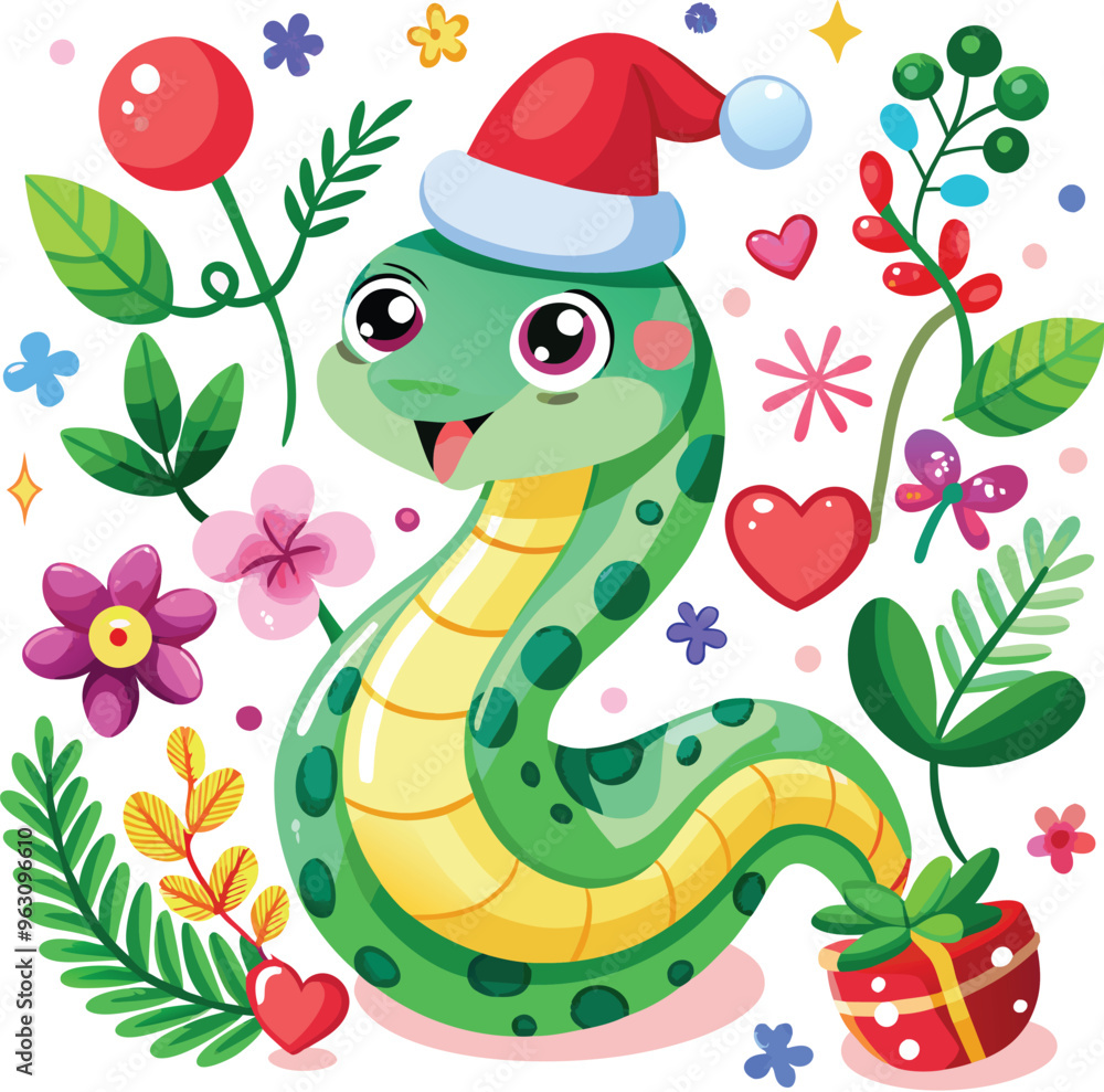 Obraz premium Cute Cartoon Snake with Santa hat, butterflies, heart, glasses, Flower on white background. Vector illustration.