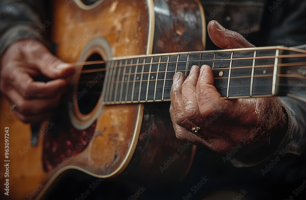 “Close-up of Hands Playing an Acoustic Guitar with Focus on the Strings and Finger Movements”