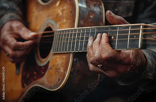 Obraz na płótnie “Close-up of Hands Playing an Acoustic Guitar with Focus on the Strings and Finger Movements”
w salonie