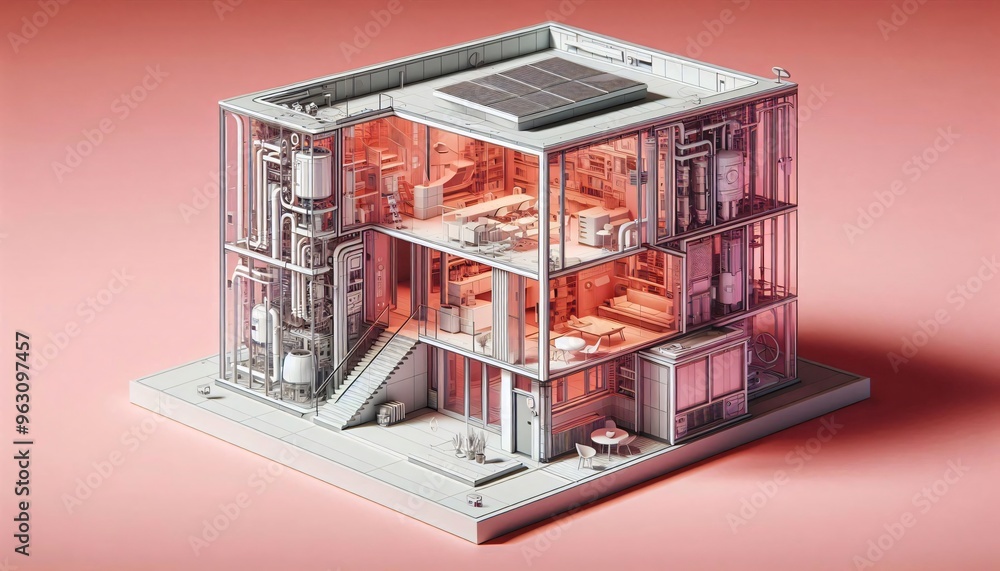 Geometric architectural isometric house icon with detailed interior design Geometric architectural isometric house icon with detailed interior design