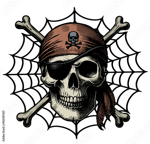 Vector illustration with pirate skull against the backdrop of a spider web.
