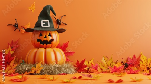 Halloween Pumpkin with Witch Hat and Autumn Leaves