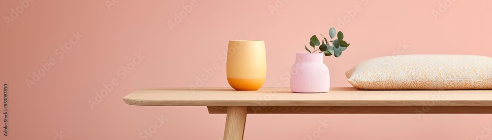 A stylish tabletop display featuring a vibrant vase, a decorative cup, and a cozy pillow against a soft pink backdrop. A stylish tabletop display featuring a vibrant vase, a decorative cup, and a cozy pillow against a soft pink backdrop.