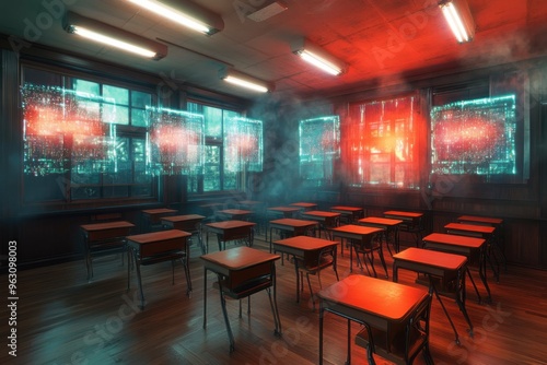 A classroom filled with floating holographic screens showcasing an advanced tech-driven learning environment, illustrating the innovative tools that enhance education and engage students