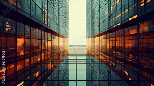 Urban architecture, modern glass buildings, skyscrapers, geometric shapes, reflective surfaces, clean lines, cityscape, downtown district, contemporary design, business district.