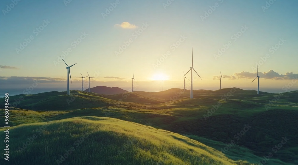 Wind turbines on a green hillside overlooking the ocean during sunset with soft clouds in the sky Wind turbines on a green hillside overlooking the ocean during sunset with soft clouds in the sky