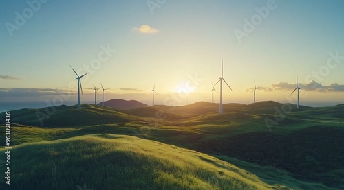 Wind turbines on a green hillside overlooking the ocean during sunset with soft clouds in the sky