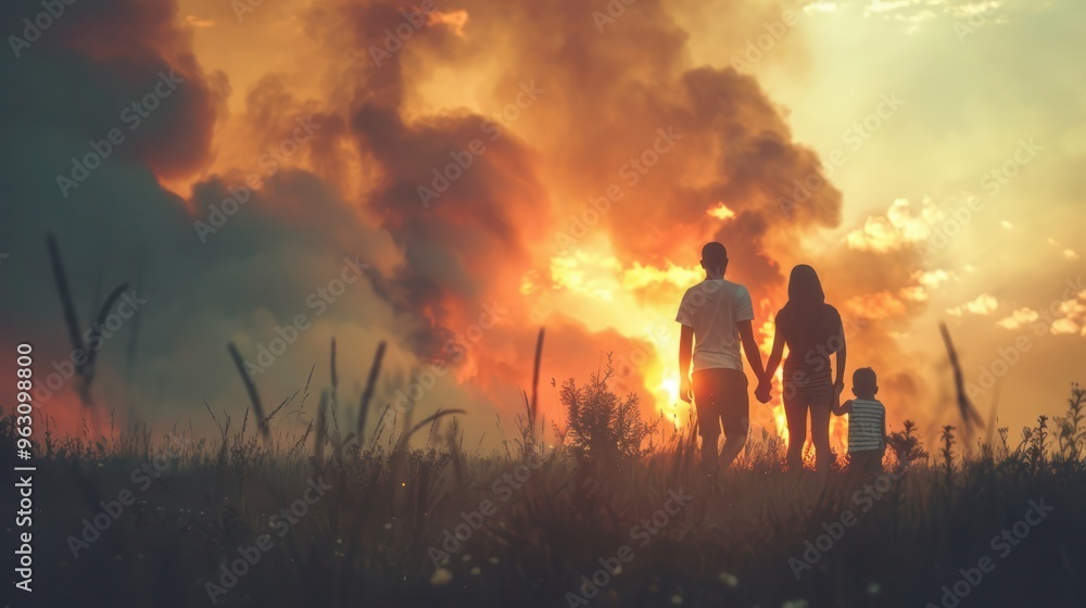 Fototapeta premium Family Stays Calm as Fire Approaches, Symbolizing Climate Change's Impact. Concept Climate Change, Family Resilience, Natural Disasters, Preparedness, Environmental Awareness 