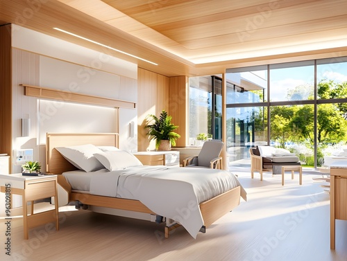 Modern Hospital Room with Large Window and Natural Light.