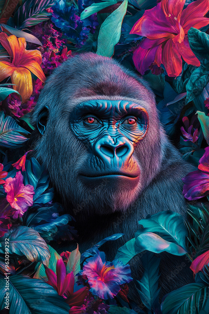 Gorilla in vibrant foliage surrounded by vivid pink and blue leaves in a tropical environment during daylight. Generative AI Gorilla in vibrant foliage surrounded by vivid pink and blue leaves in a tropical environment during daylight. Generative AI