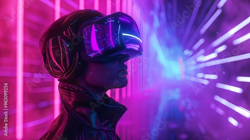 A woman wearing a virtual reality headset explores immersive digital environments with neon effects and futuristic visuals using metaverse digital cyber technology. photo