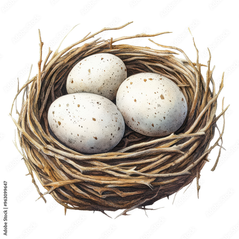 Obraz premium A picturesque nest featuring three speckled eggs, symbolizing new beginnings and nature's beauty.