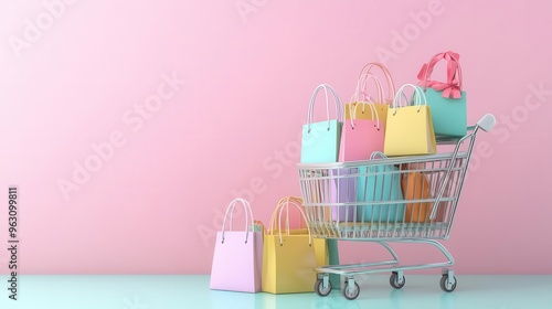 Cartoon 3D shopping cart brimming with colorful pastel bags and presents, minimalist theme