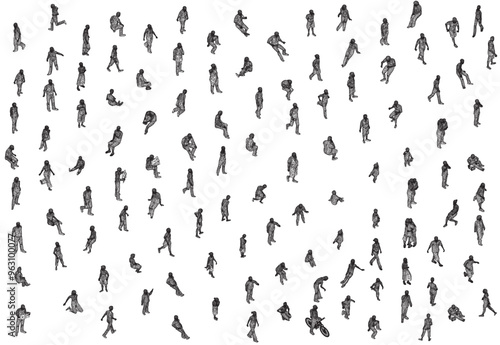 Set with people wireframe in different positions from black lines isolated on white background. Men, women and children walking, running, standing, sitting. Vector illustration. 3D