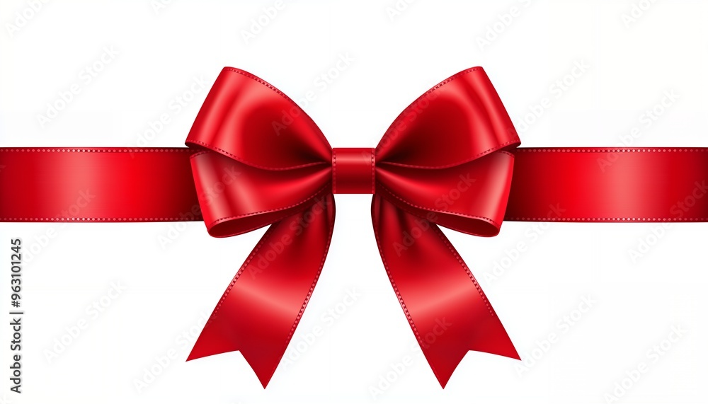 A single red satin ribbon tied in a bow with two ends flowing down against a white background. A single red satin ribbon tied in a bow with two ends flowing down against a white background.