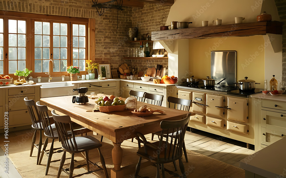 Modern kitchen with elegant wooden table and plush velvet chairs Modern kitchen with elegant wooden table and plush velvet chairs