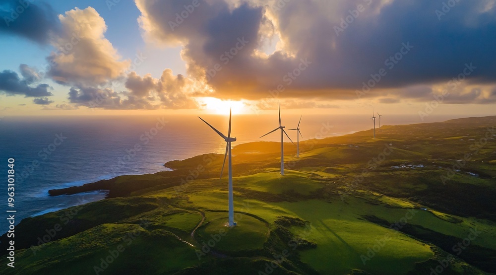 Obraz premium Wind turbines on a green hillside overlooking the ocean during sunset with soft clouds in the sky