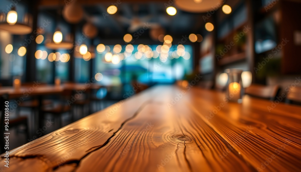 Wooden table in a restaurant with bokeh lights in the background. Wooden table in a restaurant with bokeh lights in the background.