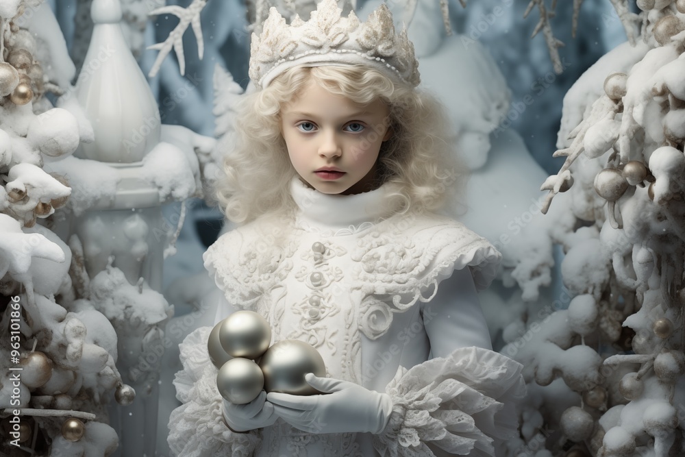 A young girl in a winter wonderland holding silver ornaments during a snowy holiday season A young girl in a winter wonderland holding silver ornaments during a snowy holiday season