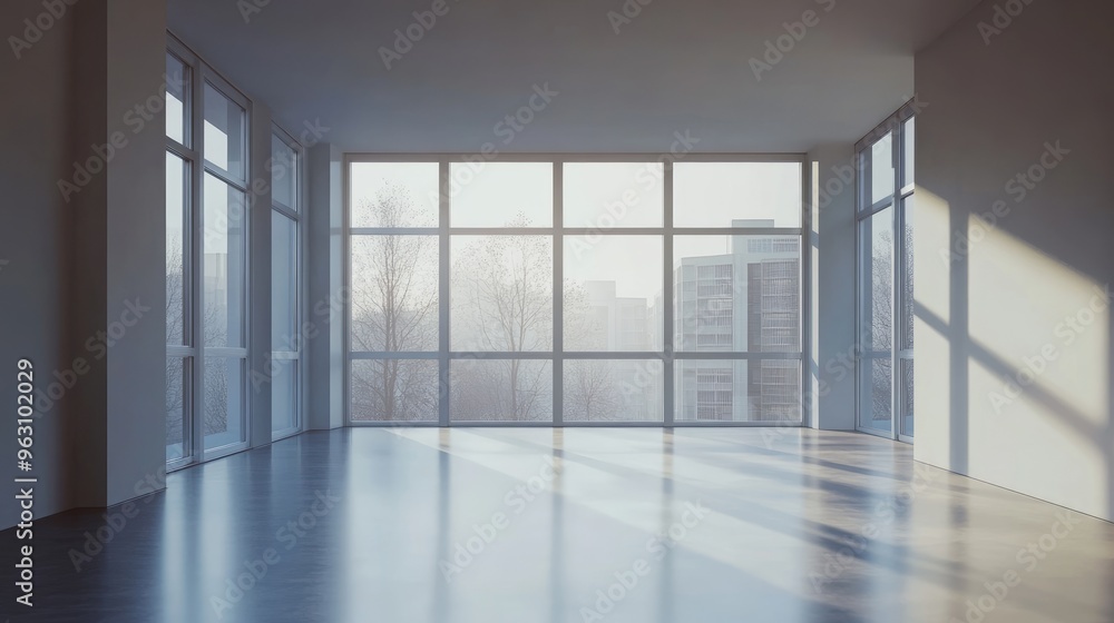 Fototapeta premium Empty Room with Large Windows and a View of a Cityscape