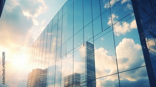 Modern office building or business center. High-rise window buildings made of glass reflect the clouds and the sunset. empty street outside  wall modernity civilization. growing up business