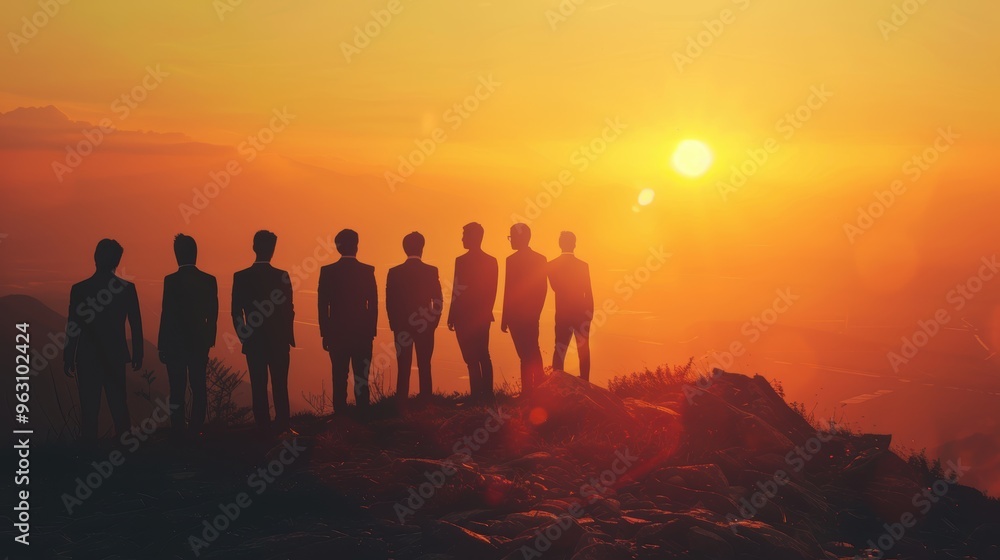 Silhouette of team stand and feel happy on the most hight at the mountain on sunset, success, leader, teamwork, target, Aim, confident, achievement, goal, on plan, finish, generate by AI. Silhouette of team stand and feel happy on the most hight at the mountain on sunset, success, leader, teamwork, target, Aim, confident, achievement, goal, on plan, finish, generate by AI.