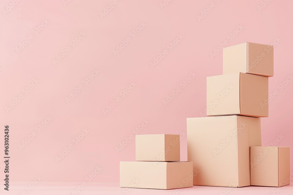 Minimalist Stacked Cardboard Boxes on Pink Background for Product Display or Storage Concepts Minimalist Stacked Cardboard Boxes on Pink Background for Product Display or Storage Concepts