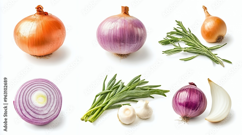 A collection of fresh vegetables, including onions, garlic, chives, and rosemary. A collection of fresh vegetables, including onions, garlic, chives, and rosemary.