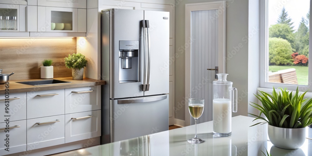 Fototapeta premium * This modern white fridge features a cutting-edge door design with a built-in water filtration system and glass