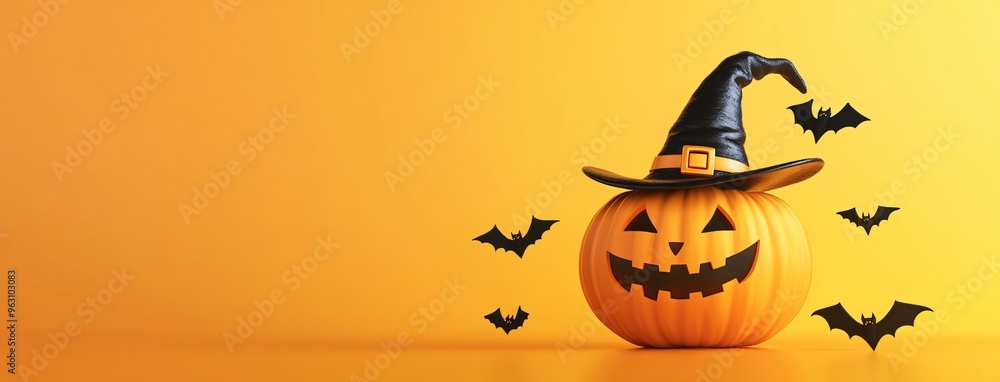 Halloween Pumpkin with Witch Hat and Bats on Orange Background Halloween Pumpkin with Witch Hat and Bats on Orange Background