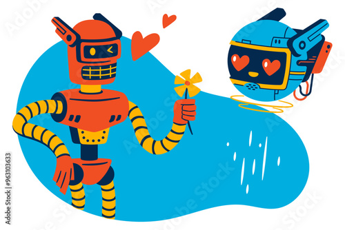 Robot in love giving a flower to another robot