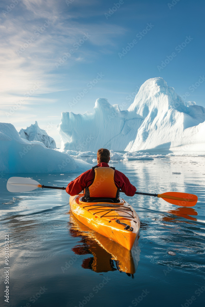 A kayaker boating in sea water with iceberg. A kayaker boating in sea water with iceberg.