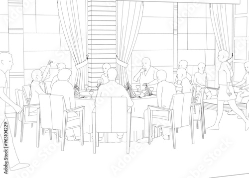 Outline of people sitting in restaurant on chairs and sofa from black lines isolated on white background. Restaurant interior. Perspective view. Vector illustration.