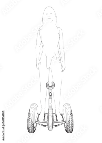 Outline of a girl standing on a segway made of black lines isolated on a white background. Girl riding a segway. Front view. Vector illustration.