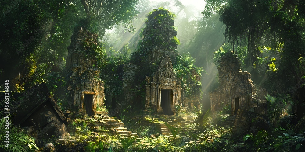 An ancient stone temple overgrown with lush greenery in a dense jungle with sunlight filtering through the canopy. An ancient stone temple overgrown with lush greenery in a dense jungle with sunlight filtering through the canopy.
