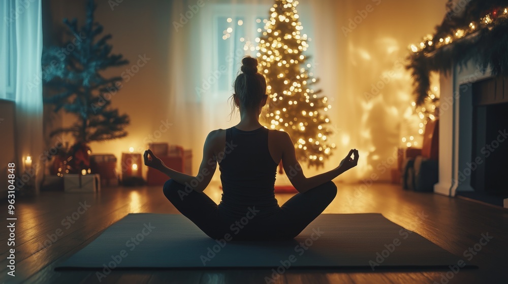 © irissca - Practicing yoga in a cozy room decorated for Christmas