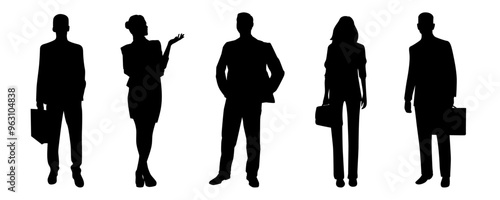 Standing businessman and woman with file silhouette black filled vector Illustration icon