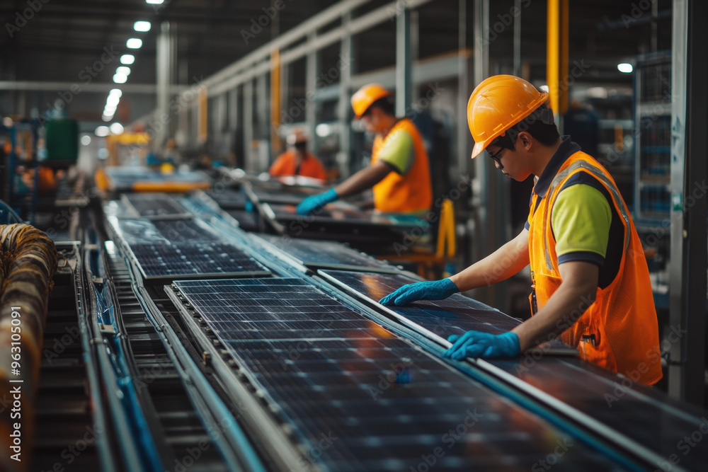 Fototapeta premium Engineers in high visibility vests working on a production line, assembling and checking the quality of solar panels