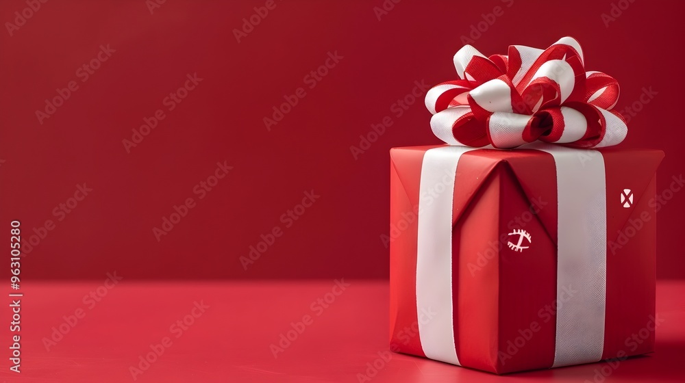 Elegant Red Gift Box with Festive White Ribbon Bow on Red Background Suitable for Christmas Birthday Anniversary or Other Elegant Red Gift Box with Festive White Ribbon Bow on Red Background Suitable for Christmas Birthday Anniversary or Other