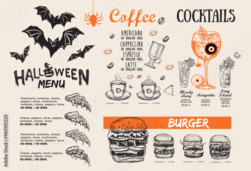 Halloween menu, Food flyer, Restaurant cafe menu.	
