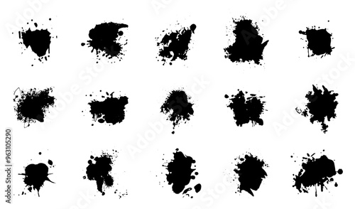 Ink splashes and drops. Grunge ink splatter, liquid drip splash, black blots and splashes. Artistic ink spots vector illustration set. Liquid spray collection, dye paintbrush elements