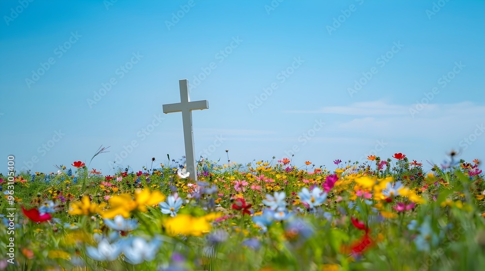 A simple white cross standing amid a field of colorful wildflowers under a clear blue sky A simple white cross standing amid a field of colorful wildflowers under a clear blue sky