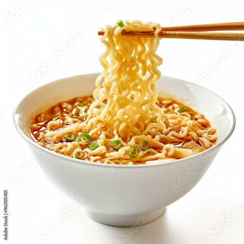 cooked instant noodles or instant ramen with chopsticks in a bowl isolated on white (ready to eat)