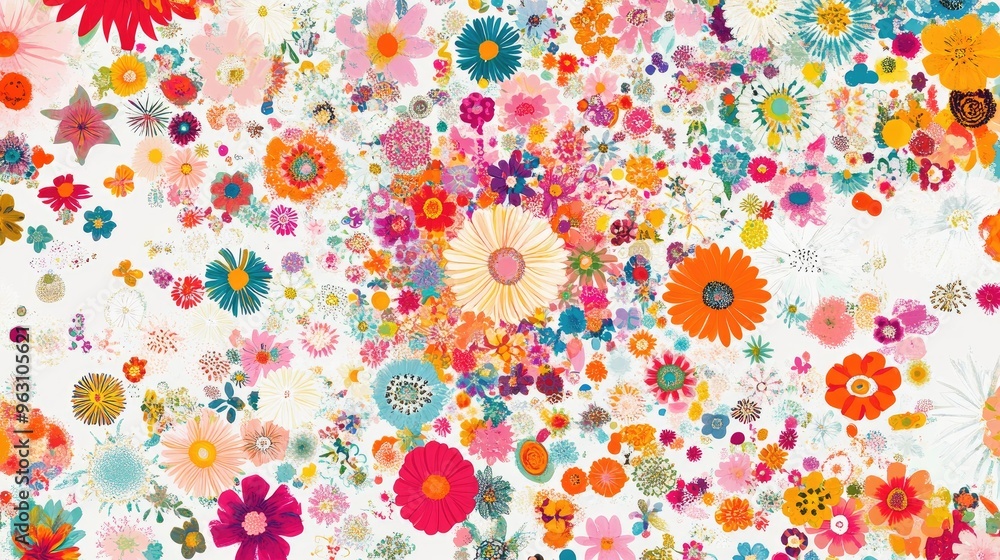 A beautiful kaleidoscope of floral shapes and vibrant colors swirling on a white backdrop, celebrating the diversity of flowers A beautiful kaleidoscope of floral shapes and vibrant colors swirling on a white backdrop, celebrating the diversity of flowers