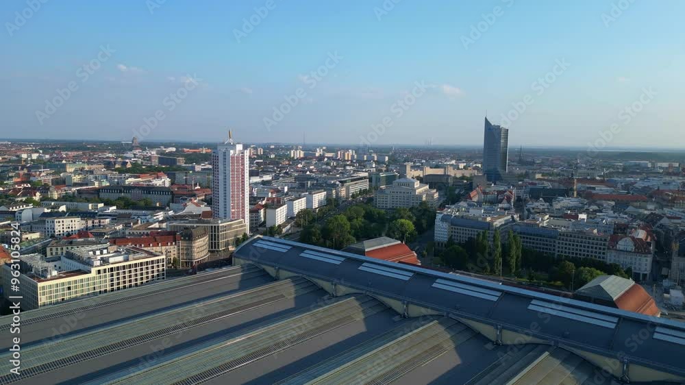 Leipzig central Terminus station, platform. Lovely aerial view flight drone Leipzig central Terminus station, platform. Lovely aerial view flight drone